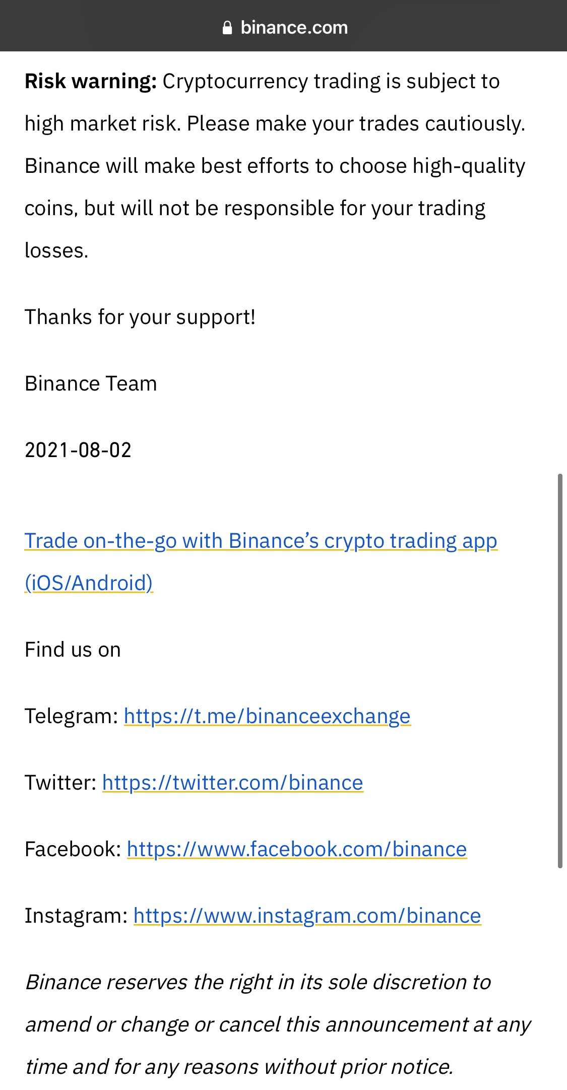 바이낸스에서 긴급으로 올라온 공지 일주일 안으로 정리하세요 - 자유게시판 - 코인픽