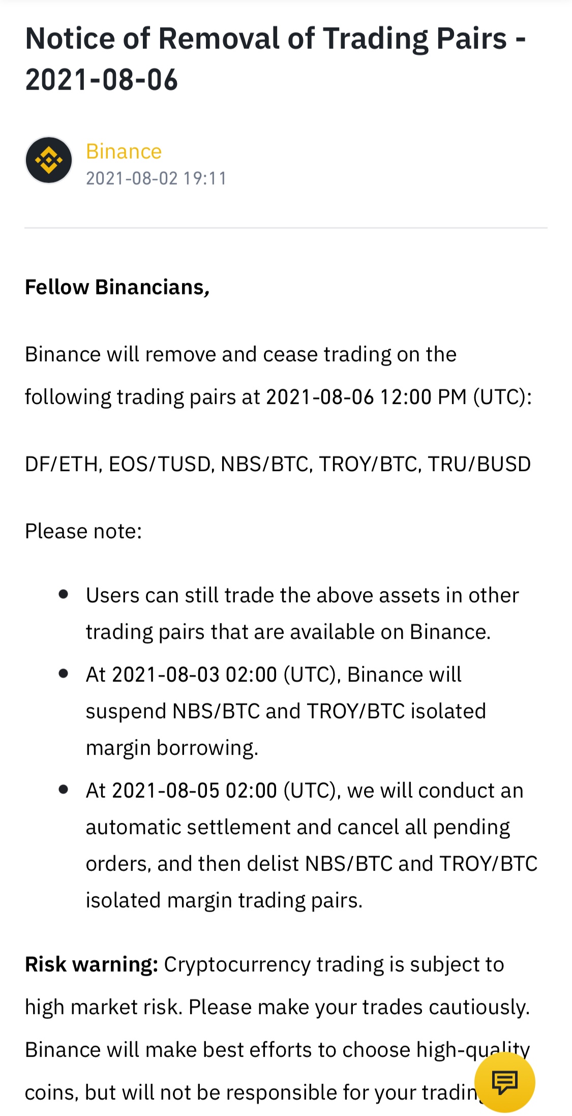 바이낸스에서 긴급으로 올라온 공지 일주일 안으로 정리하세요 - 자유게시판 - 코인픽